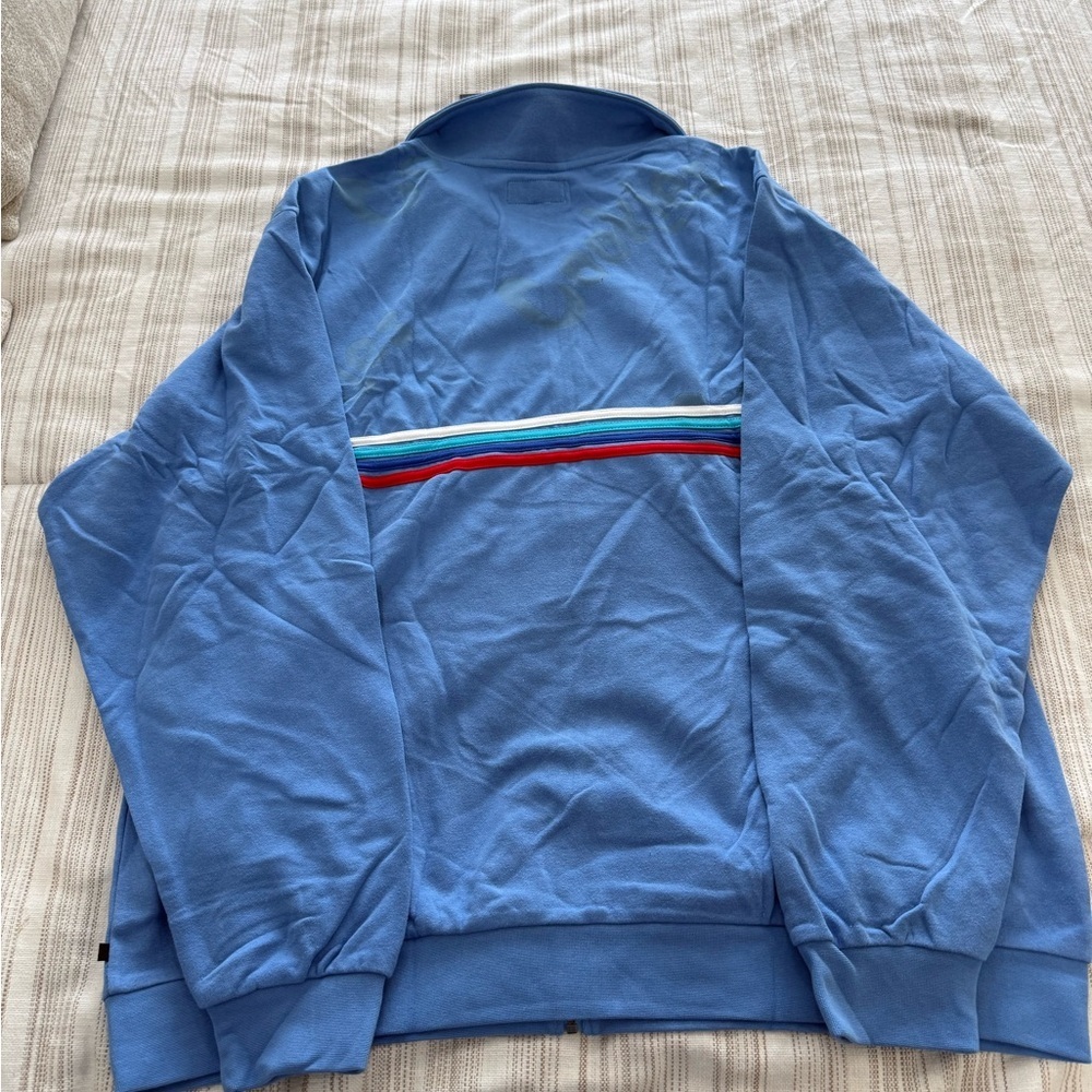 Classic Blue Zip-Up Sweater with Striped Accents - Picture 2 of 3